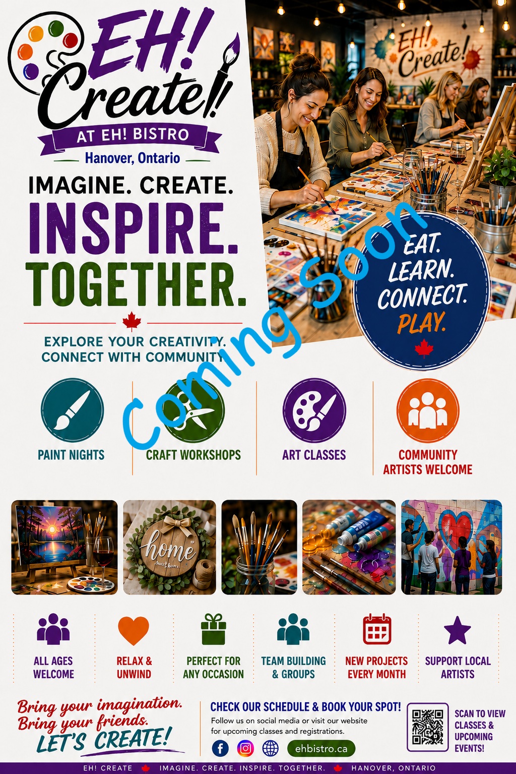 EH! Create promotional poster featuring paint nights, craft workshops, art classes, creative supplies, and community artists at EH! Bistro